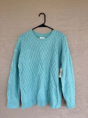 New St. John's Bay Cable Knit Sweater Aqua Blue Women's Size L